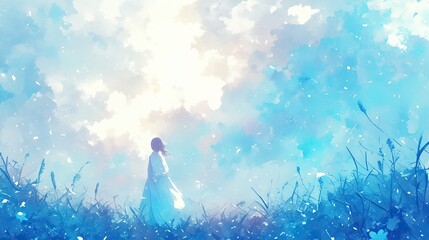 Fototapeta na wymiar A serene illustration of a girl standing in a luminous, flower-filled field