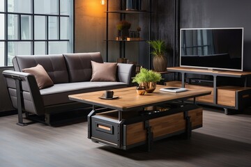 Smart Furniture Spotlight: Adjustable Height Coffee Table with Touch Controls in Industrial Loft Setting