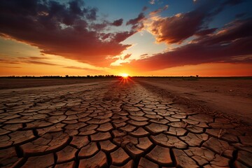 a cracked ground with a sunset in the background
