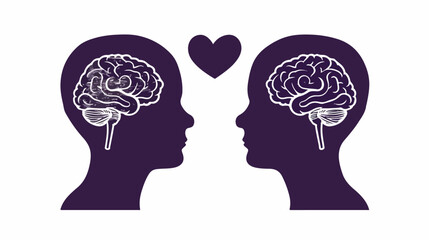 Purple silhouette head and human brain with heart is