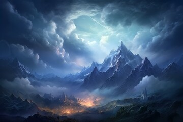 a mountain range with clouds and a light in the sky