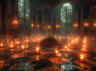 Fototapeta premium Chess pieces and candles in dark castle
