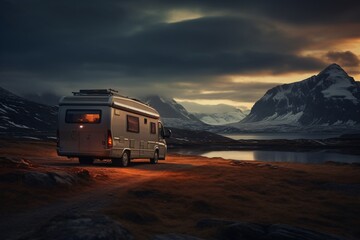 a rv parked on a road near water and mountains - obrazy, fototapety, plakaty