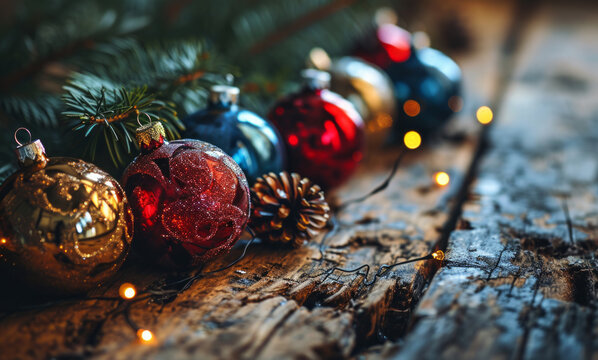 Christmas ornaments and fir tree on wooden table