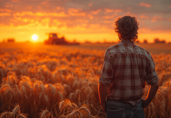 Fototapeta premium Farmer standing in wheat field looking at his combine