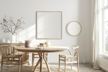 poster mockup, white frame. In the modern interior of the living room dining room