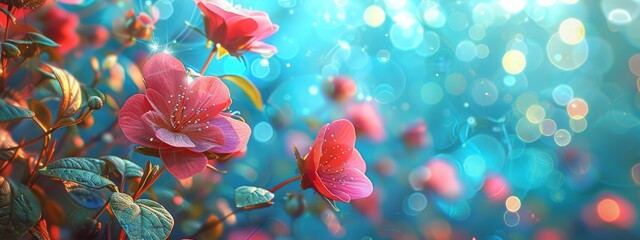 Spring announced with bright pink blooms on a bright blurred. defocused blue. petrol. teal background. Change of season welcoming. Copy space on colorful banner with bokeh.