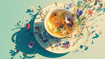 Obraz na płótnie Canvas A vibrant illustration of a tea cup surrounded by an array of floating flowers