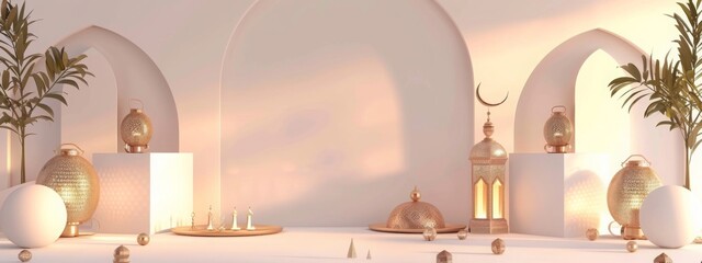 3D modern Islamic holiday banner is perfect for any Ramadan celebration. especially when displayed on a podium featuring a Ramadan lantern. metal moon. and mosque portal. 