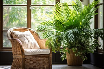 Sunlit Tropical Sanctuary: Rattan Chair and Lush Green Ferns in a Bright Room.