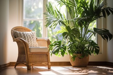 Sunlit Tropical Plant Decor in Rattan Chair Room with Green Ferns