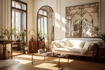 Sunny Apartment Living Room: Ornate Ironwork Decor and Reflective Iron Mirror