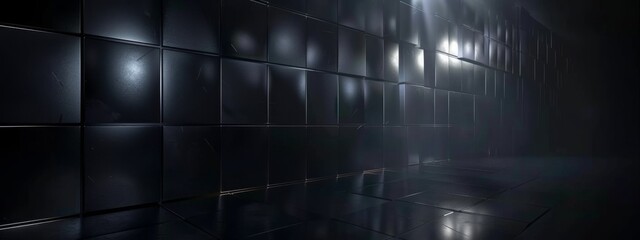 Abstract dark technology geometric black anthracite 3d room texture wall with squares and rectangles background banner illustration with glowing lights. textured wallpaper