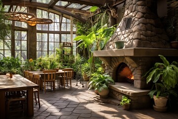 Sunny Atrium: Rustic Stone Oven Designs Baking Amongst Ferns and Orchids - obrazy, fototapety, plakaty