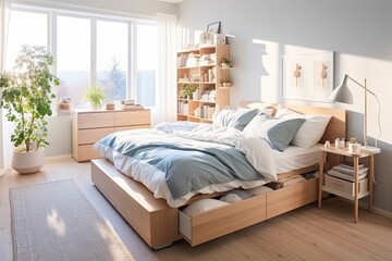 Sunny Bedroom: Clever Storage Solutions & Pull-Out Bed Frame Storage Bins