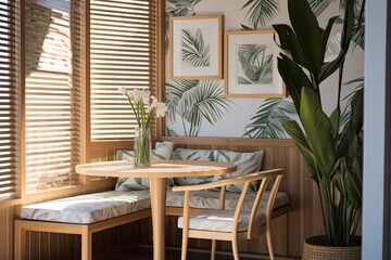 Sunny Breakfast Nook: Geometric Wallpaper & Tropical Plant Decor