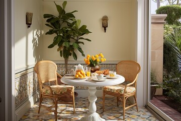 Sunny Breakfast Nook with Wave-Patterned Tiles Flanked by Vintage Stone Fountains and Rattan Chairs