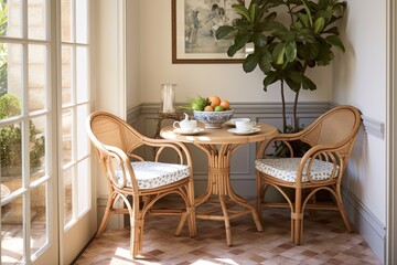 Sunny Breakfast Nook: Wave-Patterned Tiles, Vintage Stone Fountains, and Rattan Chairsscape