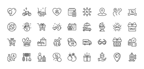 Baggage size, Christmas ball and Vr line icons pack. AI, Question and Answer, Map pin icons. Shopping cart, Ice cream, Special offer web icon. New star, Christmas calendar, Pin pictogram. Vector
