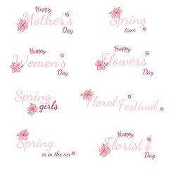 Inscriptions for spring holidays accompanied by pink flowers. Perfect for celebrating Mother's Day, International Women's Day, Children's Day, and floral themes. 
