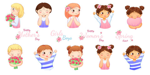 Illustrations of little girls and boys of diverse nationalities, both with and without flowers, suitable for spring and summer holidays. Includes greeting inscriptions.