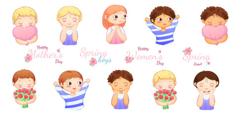 Illustrations of little girls and boys of diverse nationalities, both with and without flowers, suitable for spring and summer holidays. Includes greeting inscriptions.