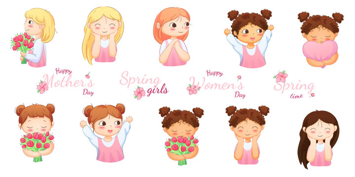 Illustrations of little girls of diverse nationalities, both with and without flowers, suitable for spring and summer holidays. Includes greeting inscriptions.