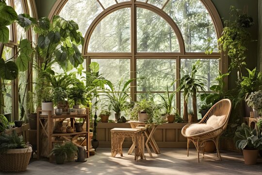 Sunny Conservatory Oasis: Enchanted Forest Wall Murals, Green Plants, and Wooden Furniture Bliss