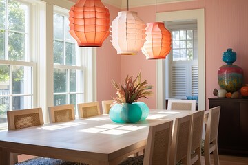 Sunny Dining Room with Coral and Seashell Accents, Wooden Dining Table, and Colorful Lantern Lighting