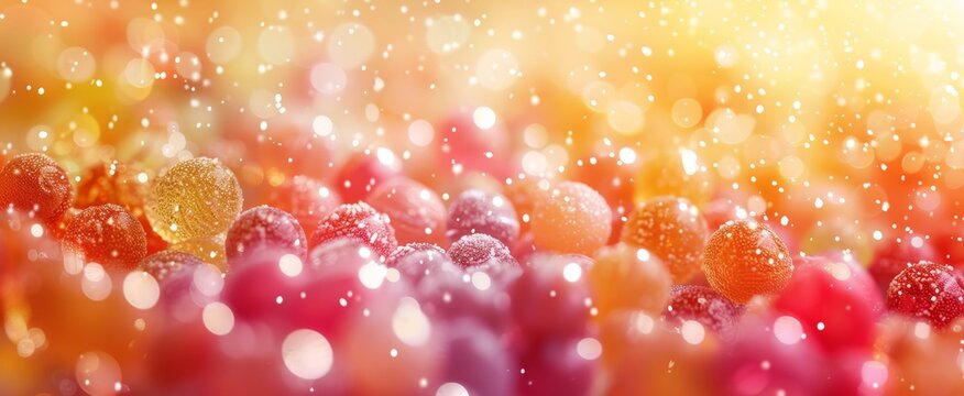 Abstract colorful candy background with sparkling sugar and bokeh effect.