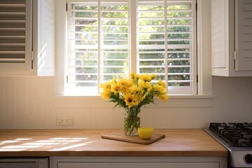 Sunny Kitchen Oasis: Plantation Shutter Windows, White Tiles, Wooden Countertops, and Fresh Flowers