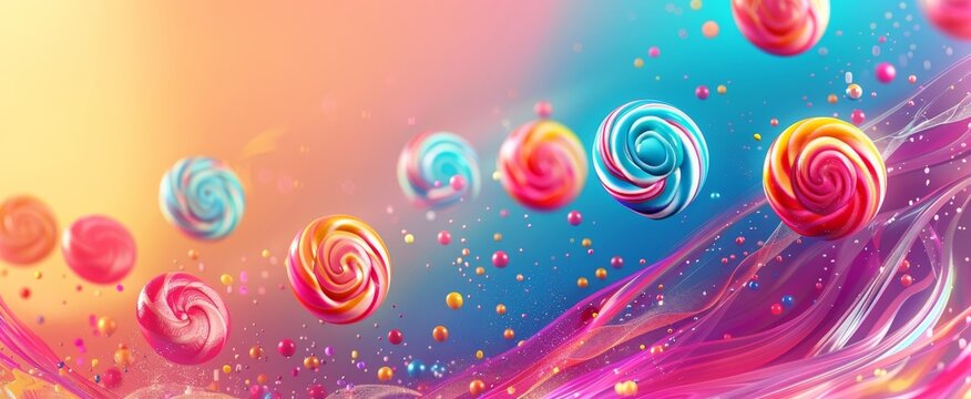 Surreal candy landscape with swirling lollipops and vibrant waves.