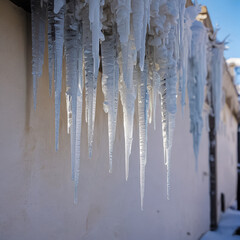 Huge icicles hang from the wall of the building. Generative AI