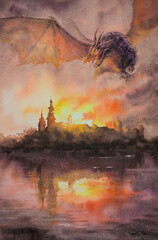 Fantasy scene with dragon flying over burning castle. Picture created with watercolors. - 751809404