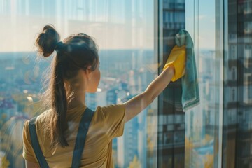 A young woman takes care in cleaning a window, overlooking a dense urban environment - obrazy, fototapety, plakaty