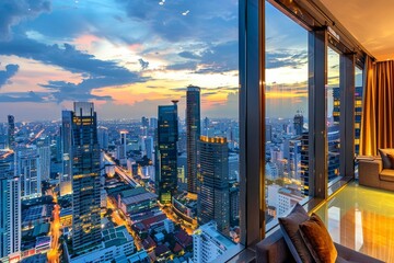 Fototapeta na wymiar Twilight engulfs the city as the luxurious apartment interior lights blend with the urban skyline