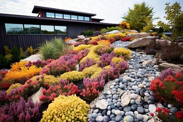Sunny Rooftop Garden Oasis: Vibrant Flower Beds and Tranquil Rock Concepts
