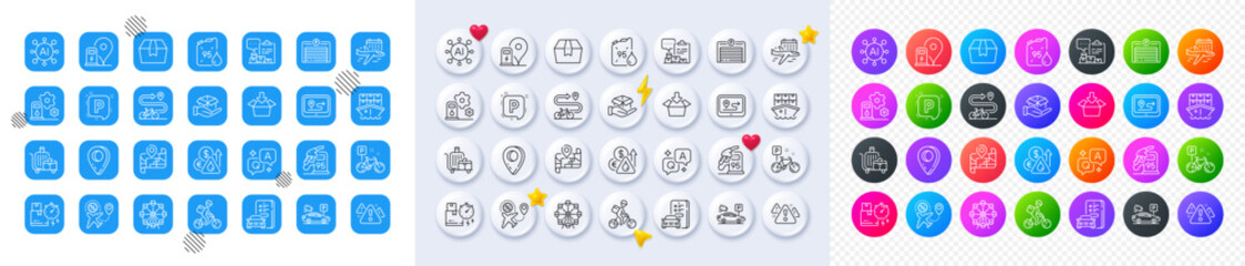 Shipment, Select flight and Flight sale line icons. Square, Gradient, Pin 3d buttons. AI, QA and map pin icons. Pack of Petrol station, Bike path, Map icon. Vector