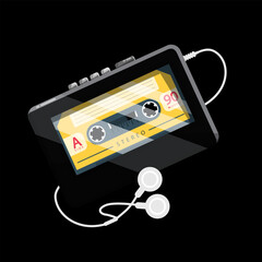 Analogue cassette player - walkman on black background, vector
