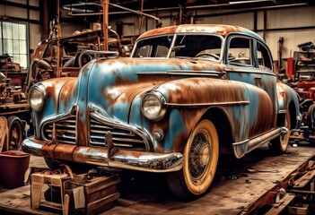 Fototapeta na wymiar illustration, restoring vintage bringing classic cars back their former glory, revamping, ancient, traditional, vehicles, antique, prestige, return, retro, past