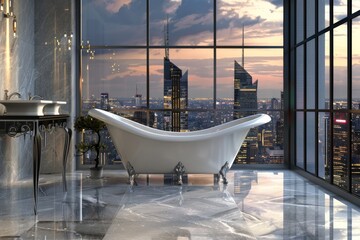 This image captures a classic clawfoot bathtub set against a dramatic city skyline at dusk, exuding luxury and vintage charm within a modern setting