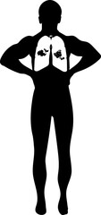A vector illustration featuring the black silhouette of a man's body with illustrated lungs affected by illness, depicted in white color, representing conditions such as pneumonia, coronavirus, and re