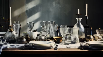 Afwasbaar fotobehang Monochrome Majesty: An Artistic Rendering of a Fine Dining Table Setup in Black and White © Logan