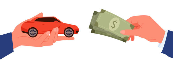 Buy or rent car, dealership, purchase moment of buyer giving money to seller. Hands holding tiny red used or new automobile and cash dollar banknotes before car sale deal cartoon vector illustration