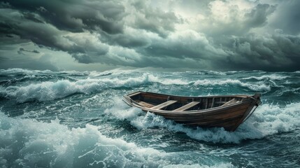 A depiction of a stormy Sea of Galilee with a wooden boat, reminiscent of biblical stories.