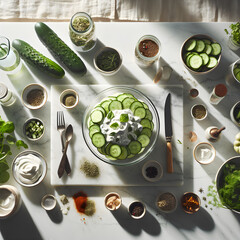 Traditional Mizeria Cucumber Salad on Marble Counter - obrazy, fototapety, plakaty