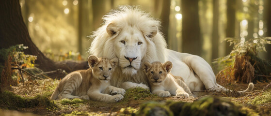 Leão albino e dois filhotes na floresta - Papel de parede - obrazy, fototapety, plakaty