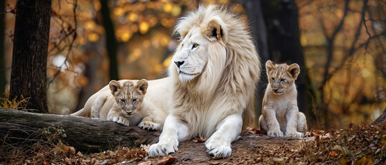 Leão albino e dois filhotes na floresta - Papel de parede - obrazy, fototapety, plakaty