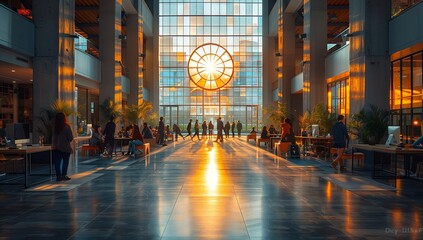 A group of people are strolling through a grand buildings symmetrical floors, admiring its fixtures and facades as the sun sets in the city - obrazy, fototapety, plakaty