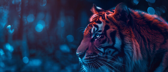 Tigre vermelho isolado com luzes azuis desfocadas no fundo - Papel de parede - obrazy, fototapety, plakaty